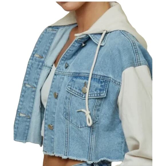 Blue Blush Detachable Hoodie Crop Contrast Cream Sleeves Denim Jacket Sz Small - Picture 4 of 10